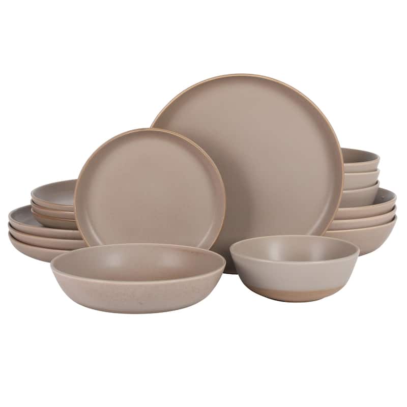 Gibson Elite Laguna Bliss 16 Piece Stoneware Reactive Glaze (Service for 4) Ceramic Plates and Bowls Dinnerware Set - Matte Beige-Gray W/ Terracotta Bottom