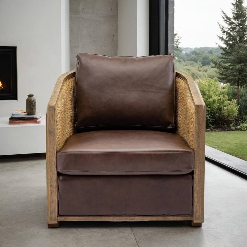 Swivel Barrel Chair with Rattan Design, Leather Accent Sofa Chair, Club Chair with Pillow, Leisure Arm Chair for Living Room