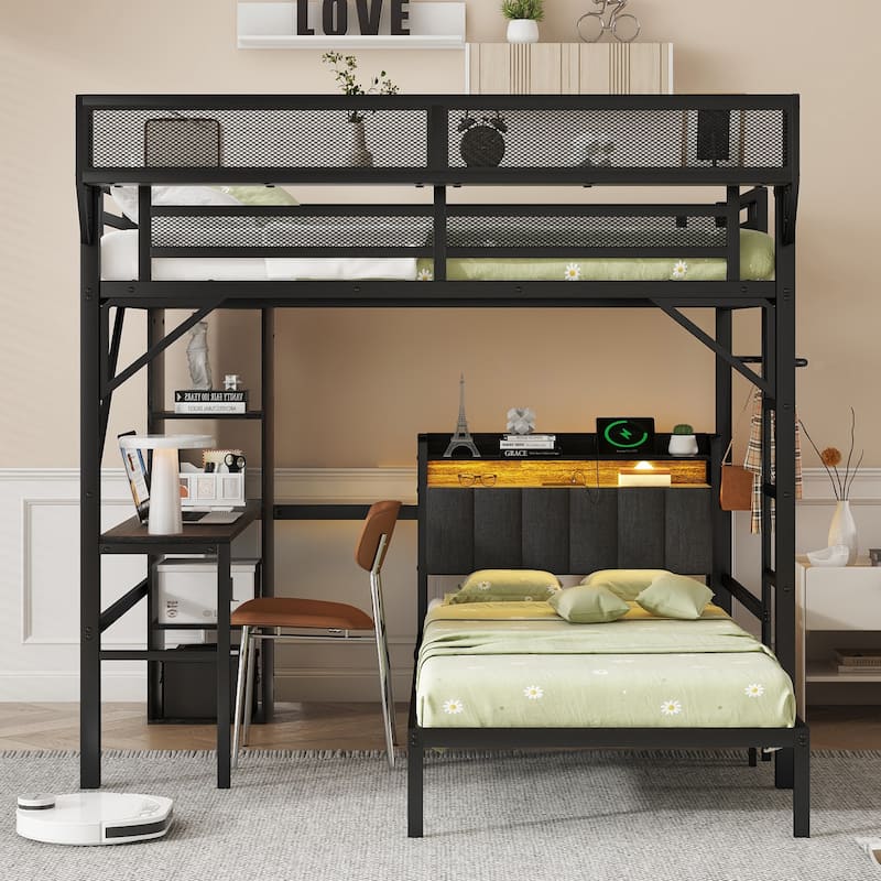 Full over Twin Metal Bunk Bed with Desk and Bookshelves,Detachable Metal Bunk Bed with LED and Charge Station