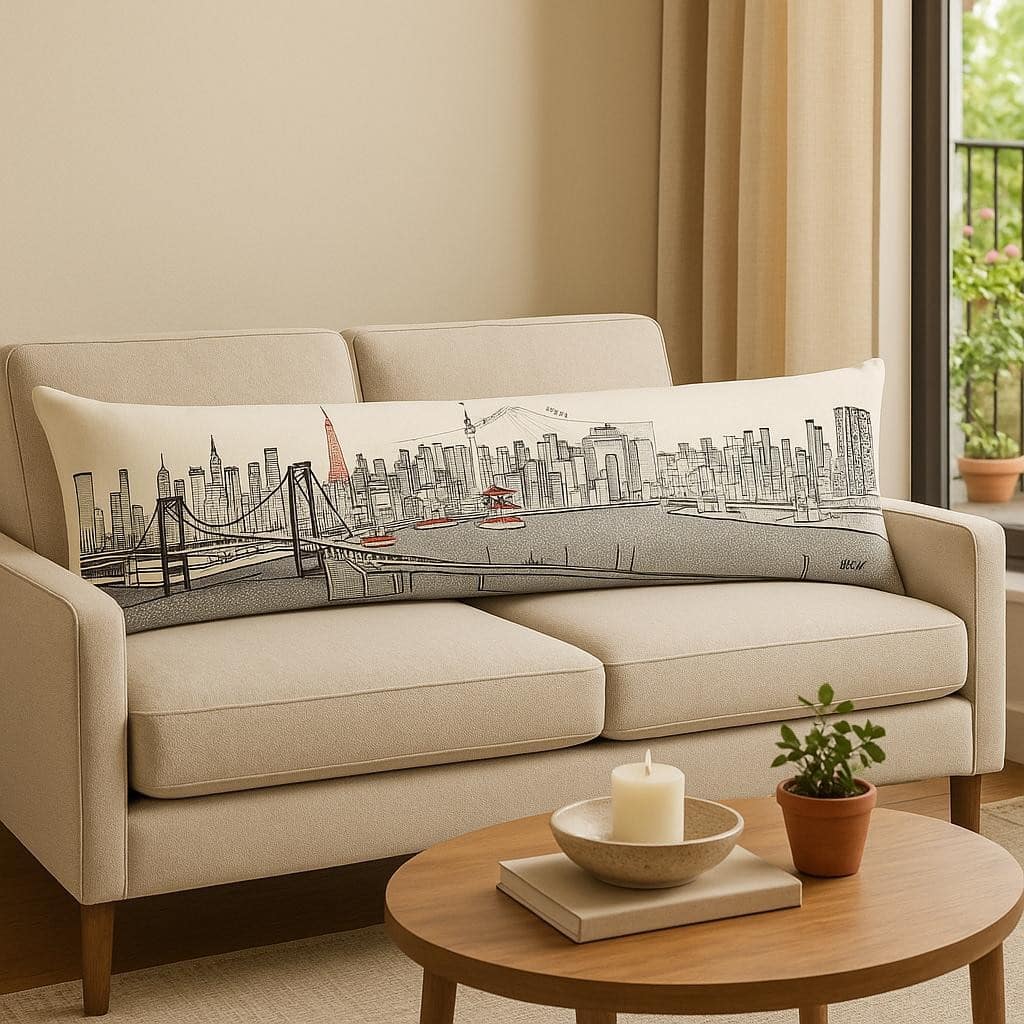 HomeRoots 14" X 46" Cream Tokyo Daylight Skyline Lumbar Decorative Pillow