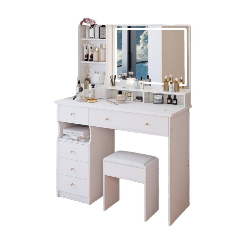 41" Vanity Set with 3-Color Adjustable LED Mirror & Cushioned Stool