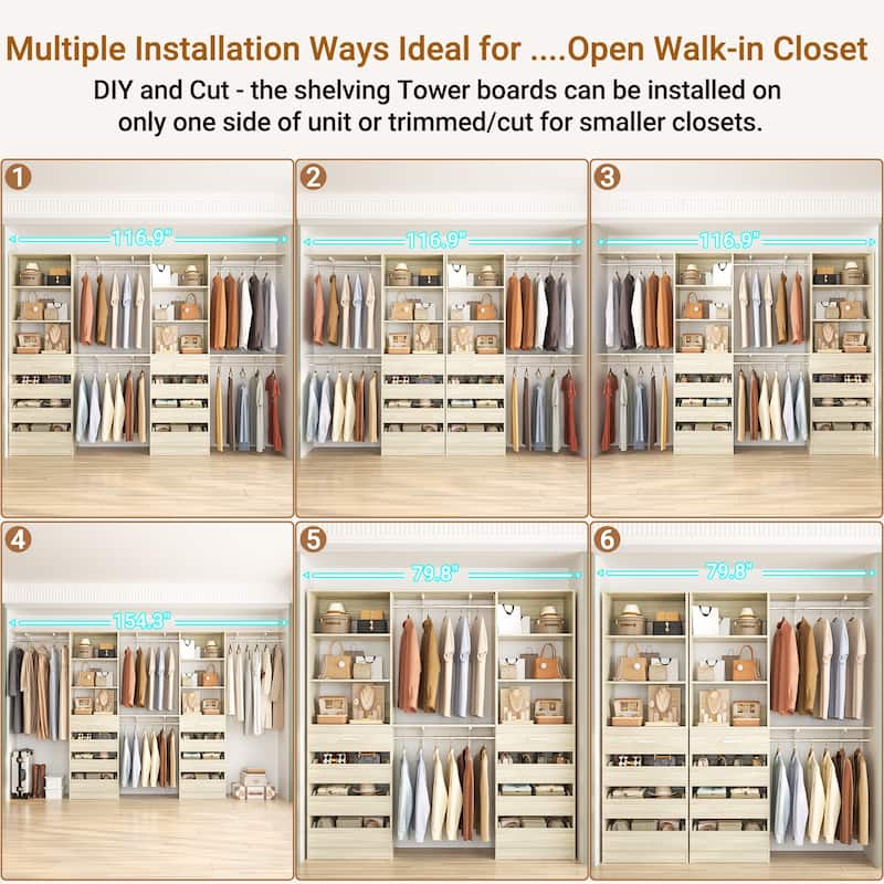 Set of 2 Closet System with Wooden Drawers and Hanging Rods, Closet Organizer with Adjustable Storage Shelves