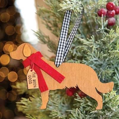 Wooden Dog Ornament with Red Scarf and “I’ve Been Good” Tag Holiday Christmas Tree Decor - 3.5" x 5.25" x 0.25”