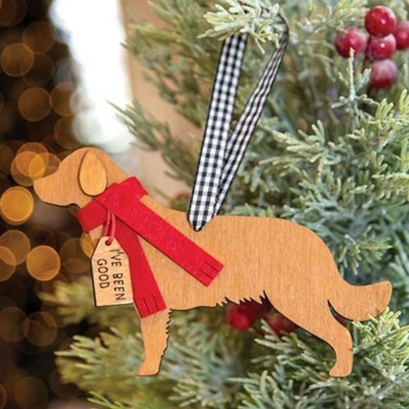 Wooden Dog Ornament with Red Scarf and “I’ve Been Good” Tag Holiday Christmas Tree Decor - 3.5" x 5.25" x 0.25”