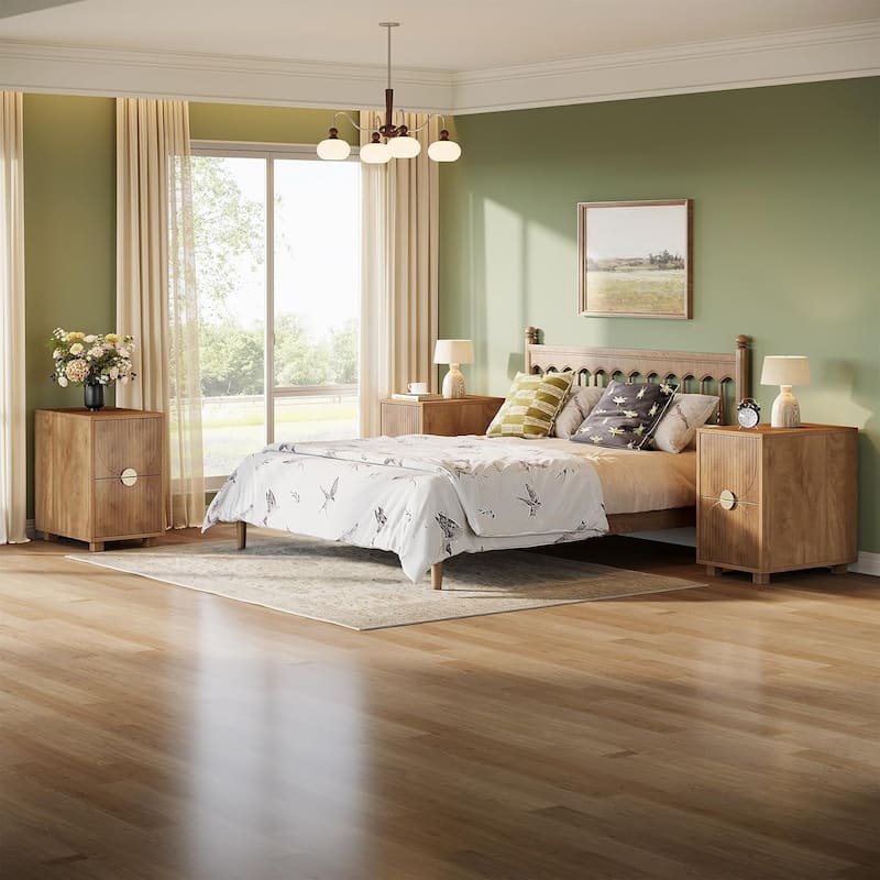 Nightstand with 2 Drawers, Mid Century Modern Bed Side End Table with Gold Metal Handles