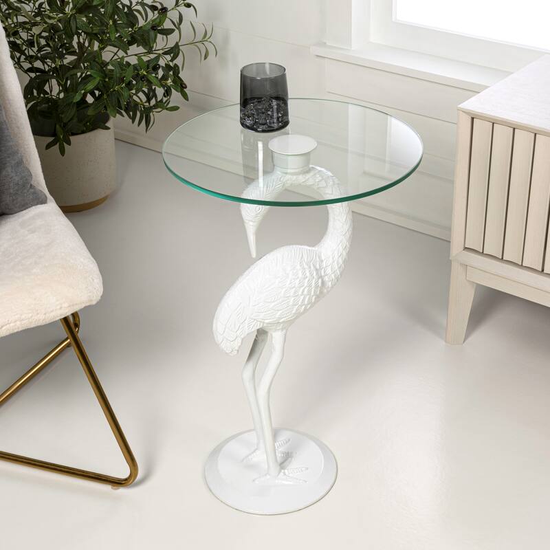 Nysha 25" Glass Top Flamingo end Table, Pink, by JONATHAN Y - White/Clear - Glass
