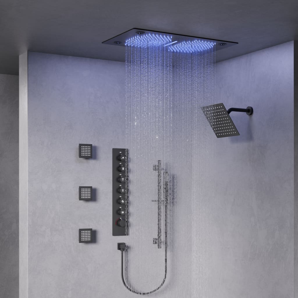 GRANDJOY LED Music Shower System 28"&6" Dual Shower Heads with 3 Body Jets