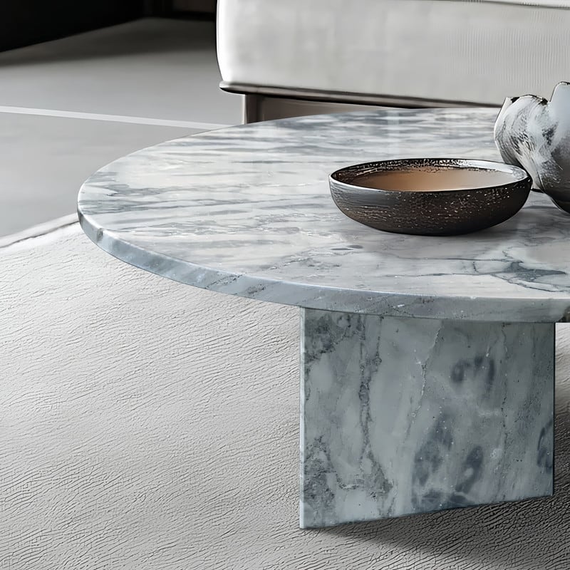 Premium Luxury Solid-Cut Natural Marble Round Coffee Table, Natural, Glossy