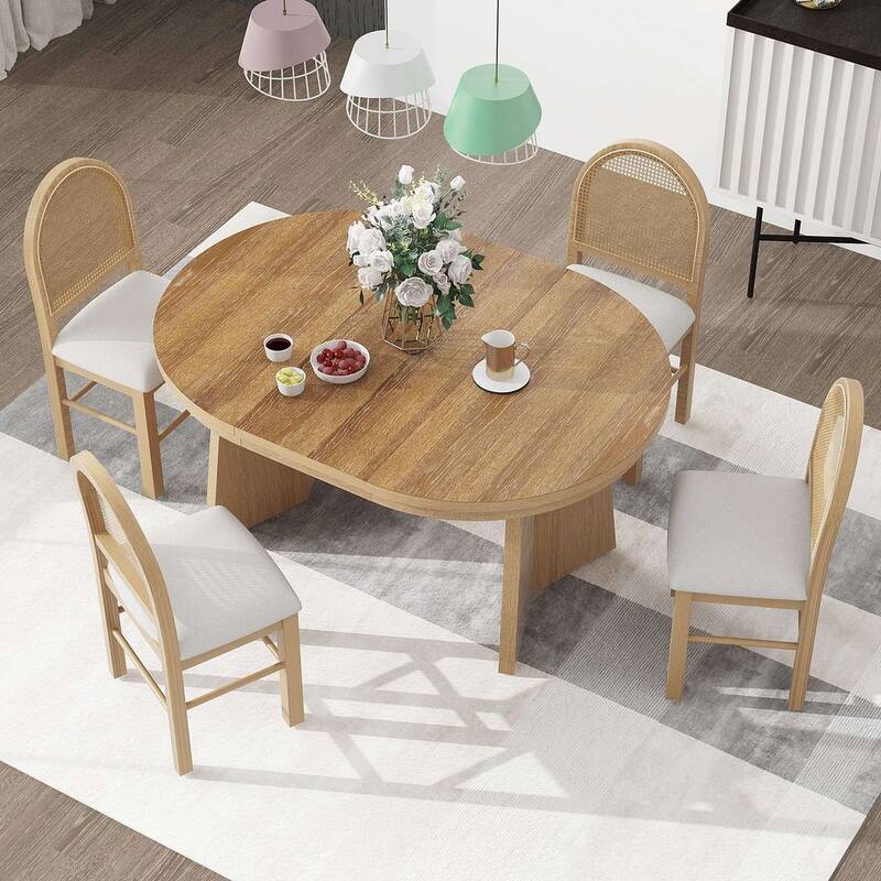 5 PCS Retro Functional Extendable Dining Set for 4 with 4 Upholstered Chairs with Rattan Backrests