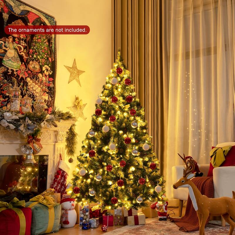 6 FT Pre-lit Snow Flocked Christmas Tree with Red Berries and 8 Lighting Modes