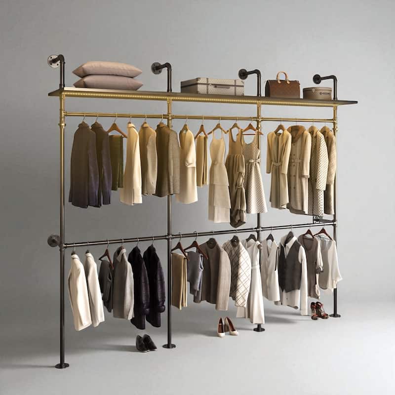 Industrial Pipe Clothing Rack with LED Lights, 118.3" Heavy Duty Wall-Mounted Closet Organizer with Shelves and 6 Hanging Rods