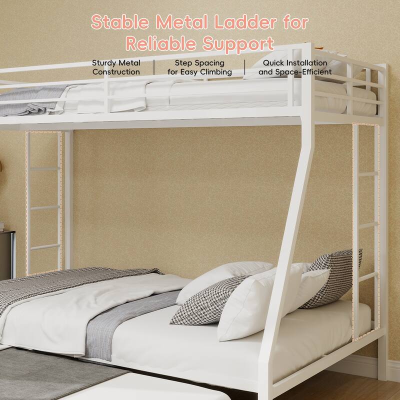 High - Stability Square Tube Bunk Bed, Featuring Ladder & Rolling Trundle, Modern Minimalist Look, Queen