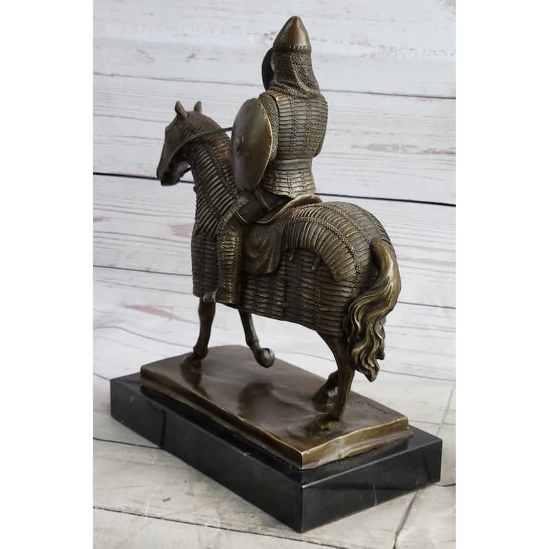 Medieval European Warrior Knight On Horseback Bronze Sculpture Statue On Marble Base