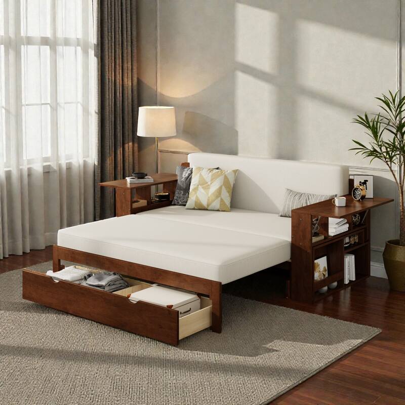 Full Size Daybed with Removable Desk, Storage Drawers & Hydraulic Side Table, Multi-Functional Sofa Bed for Small Spaces