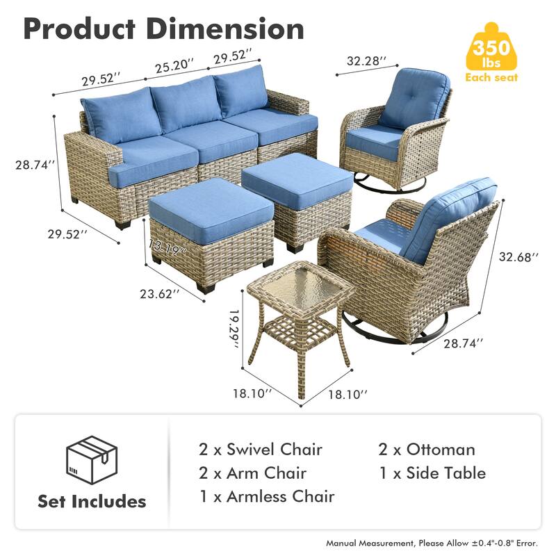 OVIOS 8 Pieces Wide Arm T shaped Seat Curved Swivel Chair Set With Ottoman