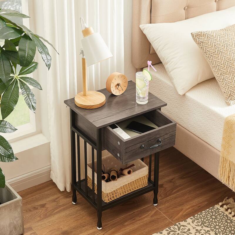 VECELO Modern Nightstand with Drawer and Storage Shelf