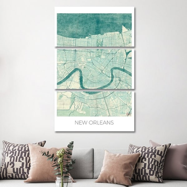 slide 3 of 3, iCanvas "New Orleans Vintage Blue Watercolor Urban Blueprint Map" by Hubert Roguski 3-Piece Canvas Wall Art Set 60x40x0.75