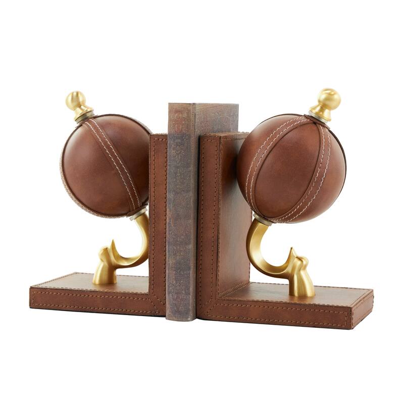 Brown Leather Handmade Stitched Globe Decorative Bookends with Brown Wood Base (Set of 2)