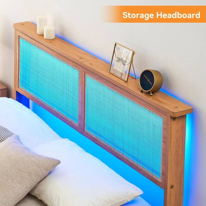 Rattan Platform Bed Frame with Boho Headboard, LED Lights, Solid Wood Foundation, No Box Spring Needed