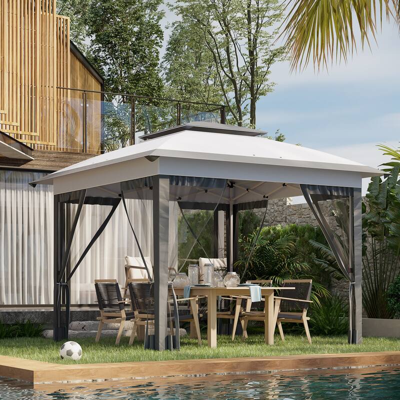 12’ x 12’ Pop-Up Party Gazebo with Mesh Sidewalls Gray Oxford Fabric, Steel Frame - 11.7' L x 11.7' W x 9.7' H - Grey