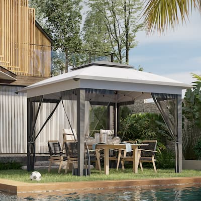 12’ x 12’ Pop-Up Party Gazebo with Mesh Sidewalls Gray Oxford Fabric, Steel Frame - 11.7' L x 11.7' W x 9.7' H