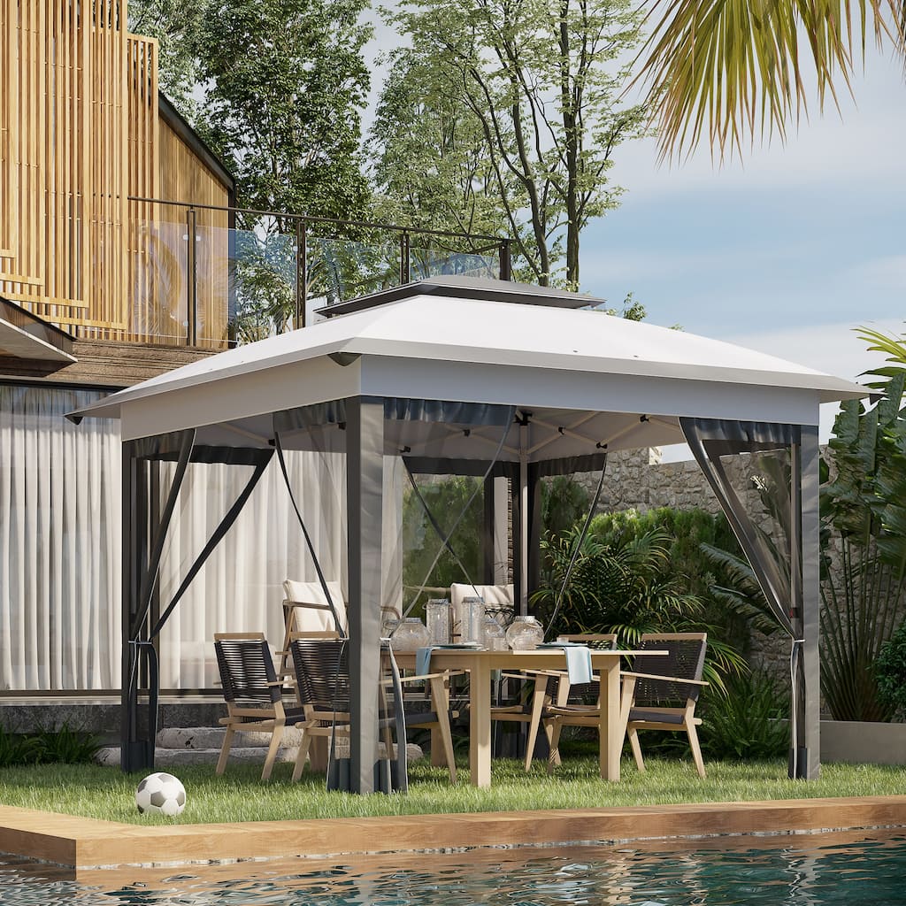 12’ x 12’ Pop-Up Party Gazebo with Mesh Sidewalls Gray Oxford Fabric, Steel Frame - 11.7' L x 11.7' W x 9.7' H