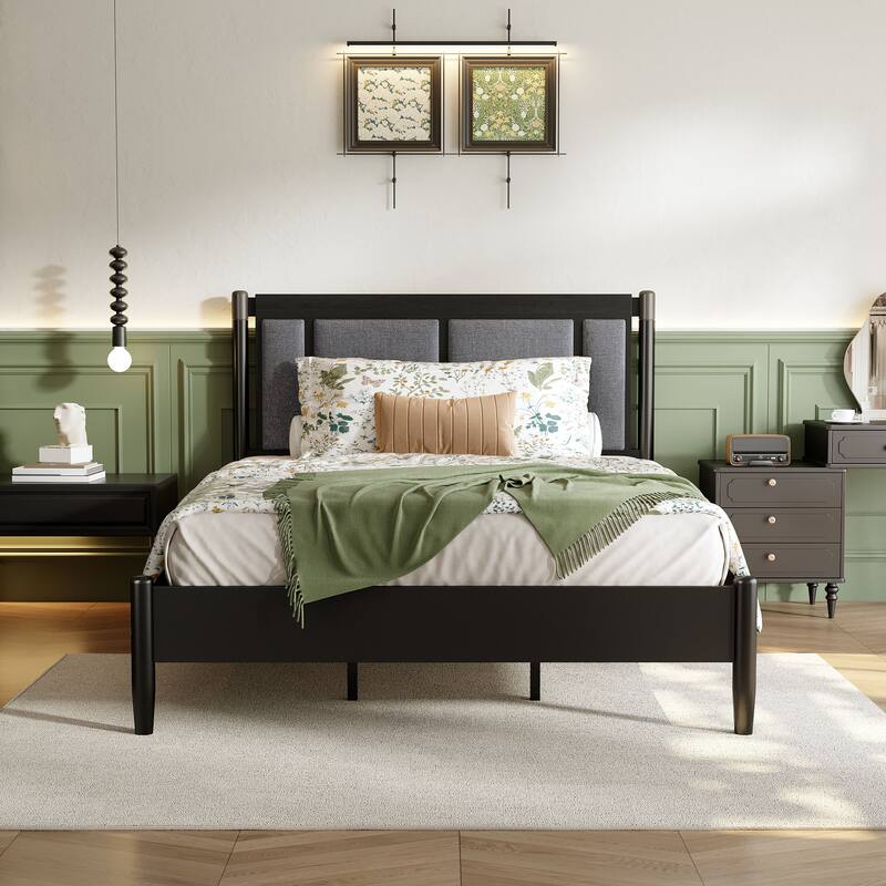 Solid Wood Queen Bed, Heavy Duty 500 lbs Support, No Box Spring Needed, Upholstered Headboard with Metal Handles
