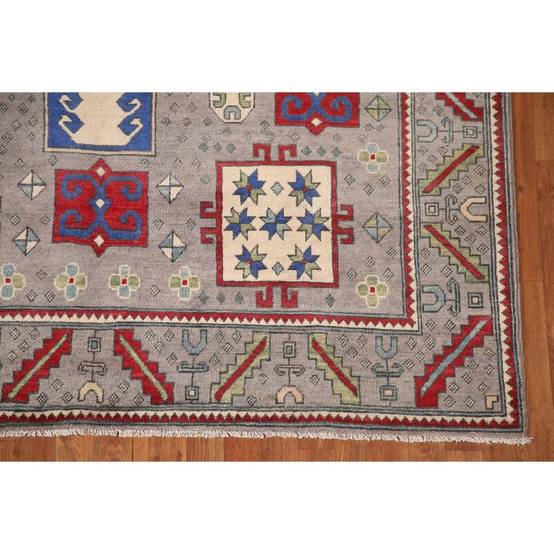 Geometric Gray Kazak Oriental Area Rug Handmade Wool Carpet - 6'4" x 9'0"