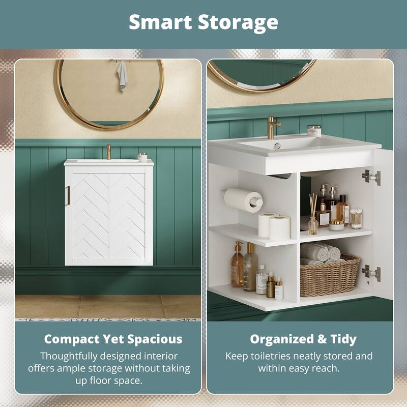 20" Small Floating Bathroom Vanity with Ceramic Sink Combo, Wall Mounted Bathroom Cabinet with Side Shelf