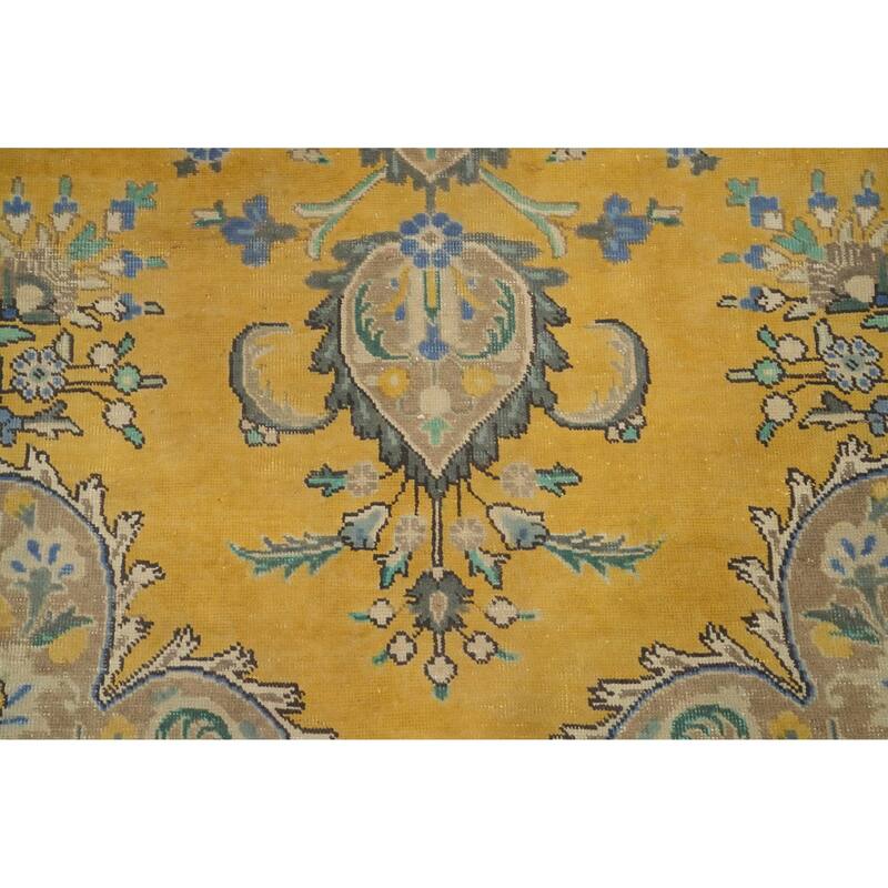 Hand Knotted Oriental 100% Wool Carpet Traditional Floral Yellow & Gold Tabriz Area Rug - 12' 3'' X 10' 0''