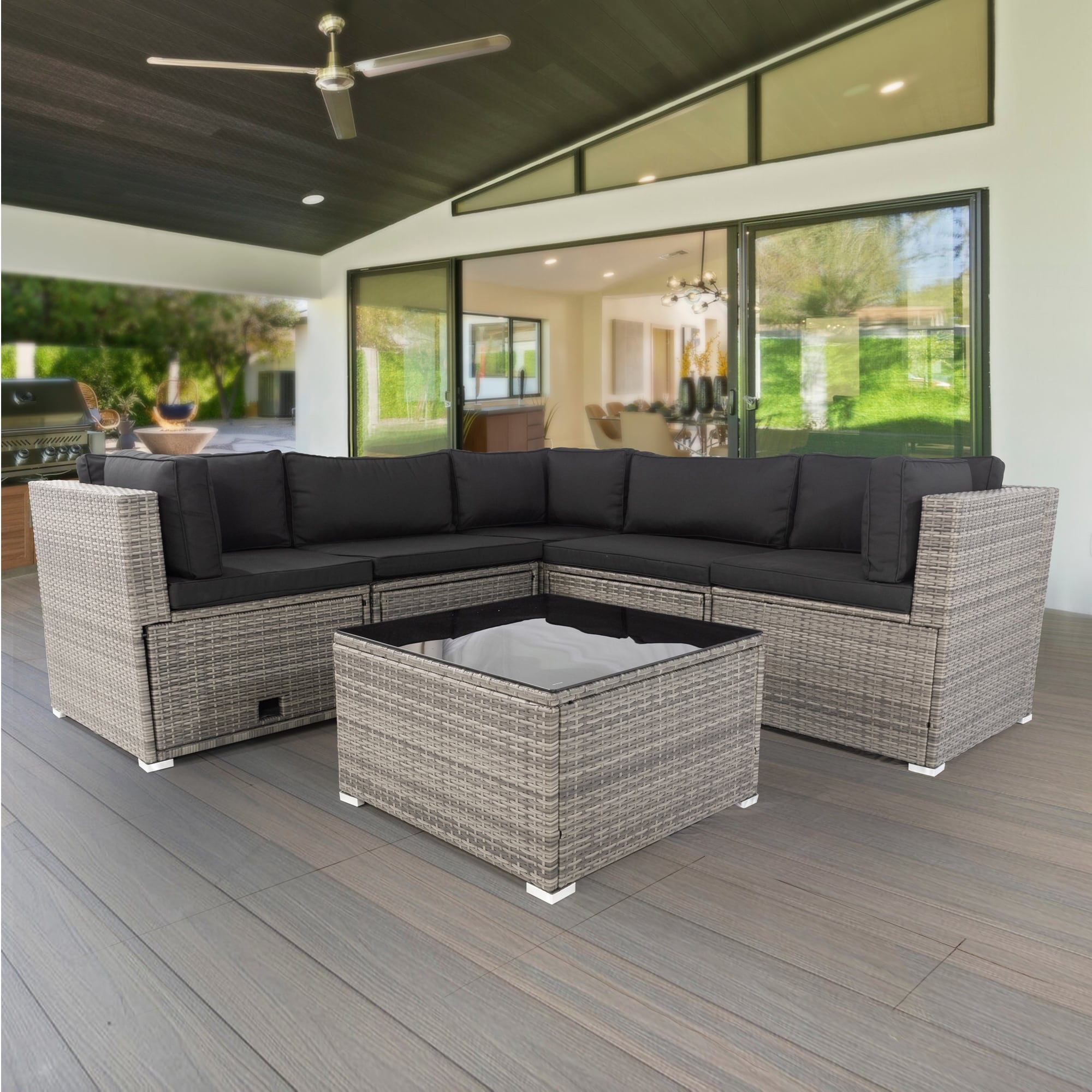 6 Piece Grey Rattan Outdoor Furniture Set with Storage and Cushions