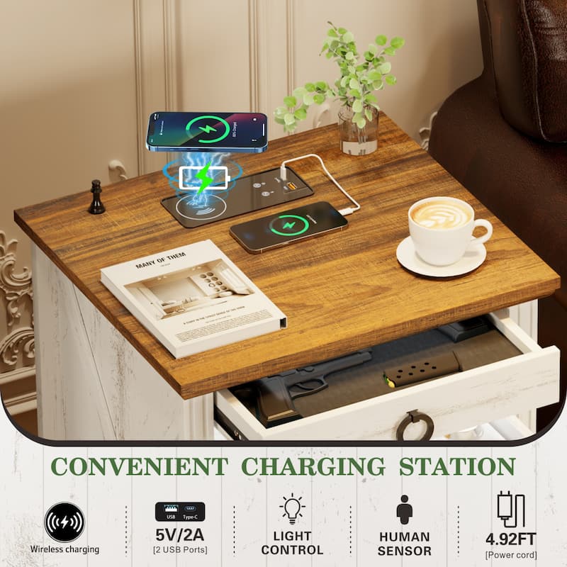 LED 2-Drawer Nightstand With Charging Station and Gun Drawer