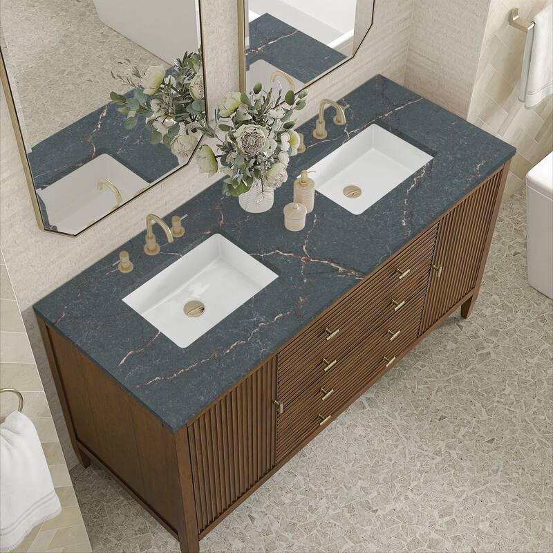 James Martin Vanities Myrrin 60" Double Vanity, Mid Century Walnut - Parisien Bleu