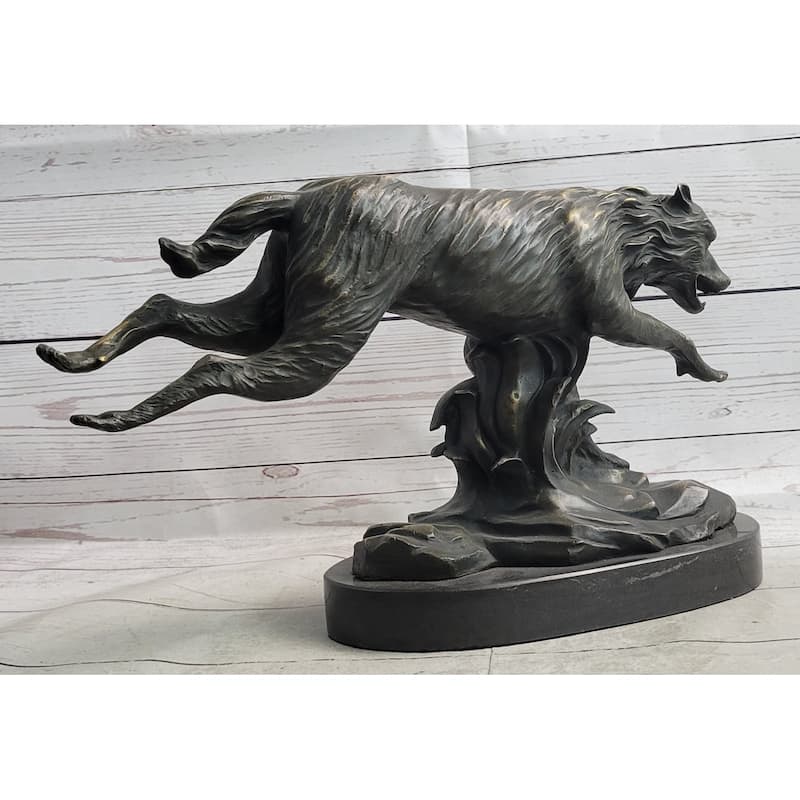 Running Wolf Dog Wildlife Art Decor Bronze Metal Statue Sculpture Original Art
