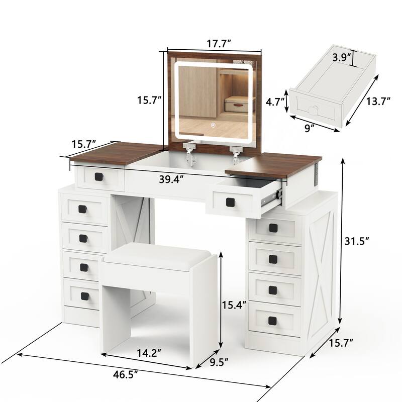 Vanity Desk with Dimmable LED Light with 10 Drawers - White+Walnut