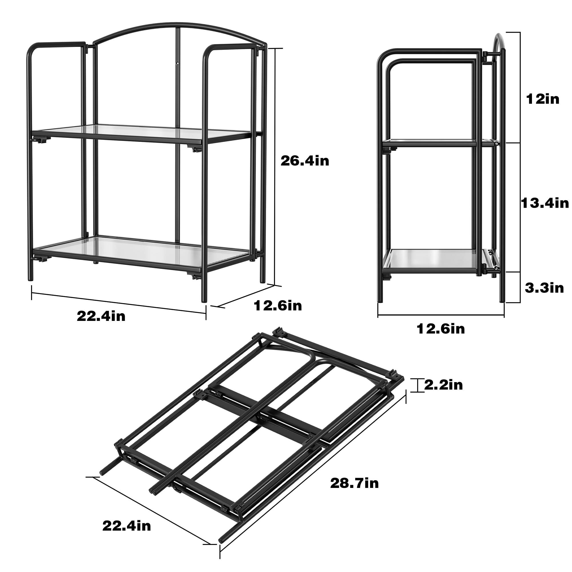 No Assembly Folding Bookshelf, 2 Tier Black Bookshelf, Metal Book Shelf