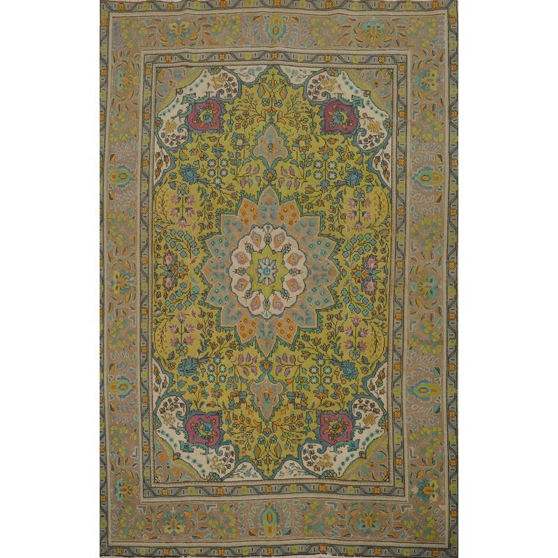 Hand Knotted Oriental 100% Wool Carpet Traditional Floral Green Tabriz Area Rug - 8' 11'' X 6' 4''