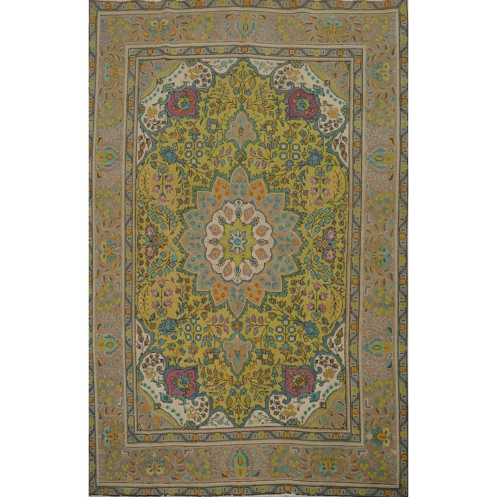 Hand Knotted Oriental 100% Wool Carpet Traditional Floral Green Tabriz Area Rug - 8' 11'' X 6' 4''