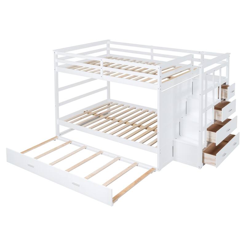 Twin/Full Bunk Bed with Trundle and Storage Staircase, Space-Saving Pine Wood Design