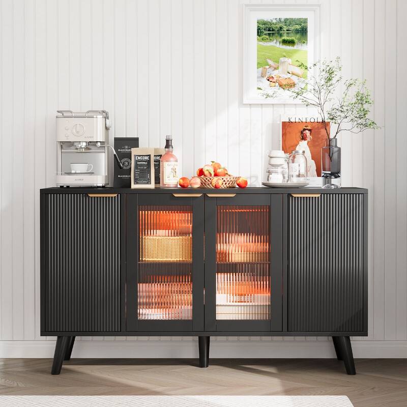 Meyreso Kitchen Sideboard Storage Cabinet with LED Light, 4 Doors