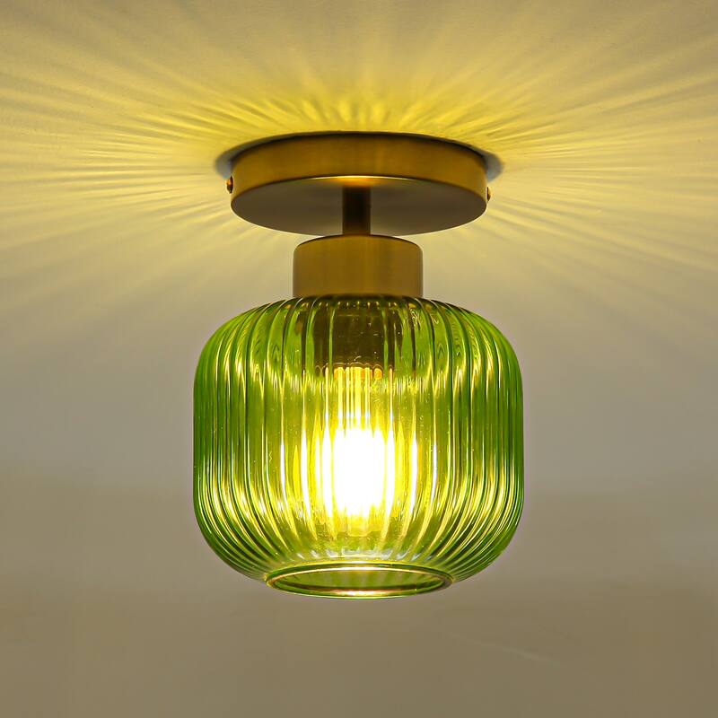 5.9" Wide Vintage Gold Semi Ceiling Light Flush Mount with Green Glass - D 5.9" x H 7.7"
