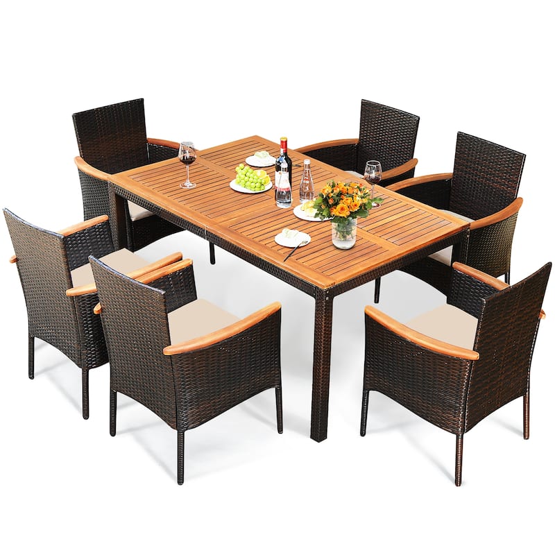 7 PCS Patio Dining Set Outdoor Rattan Set Furniture with Umbrella Hole - Brown