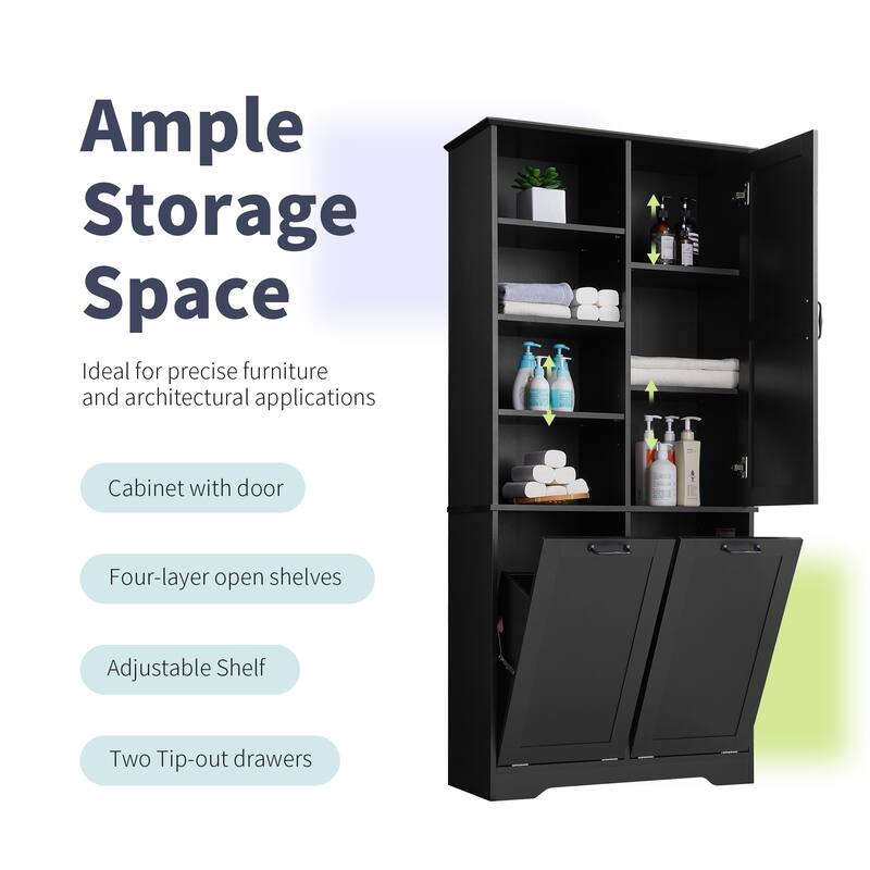 Bathroom Storage Cabinet with Tilt-Out Laundry Hampers, Adjustable Shelves & Door, Freestanding MDF Organizer