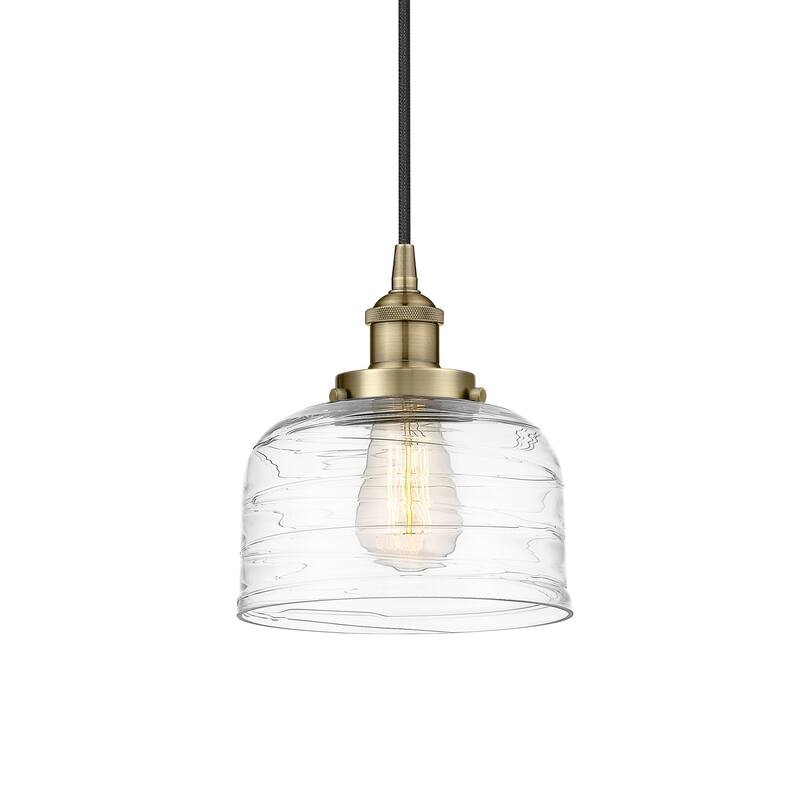 Innovations Lighting 616-1PH-10-8 Bell Pendant Bell 8" Wide Mini - Antique Brass / Clear Deco Swirl