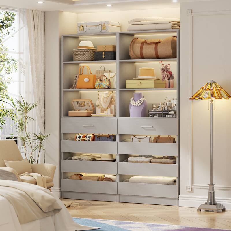 21.3'' W Closet System with 4 Wooden Drawers, 1.78FT Walk-in Closet Organizer Wardrobe with Adjustable Open Shelves - Grey - Set of 2 (42.6'' W)
