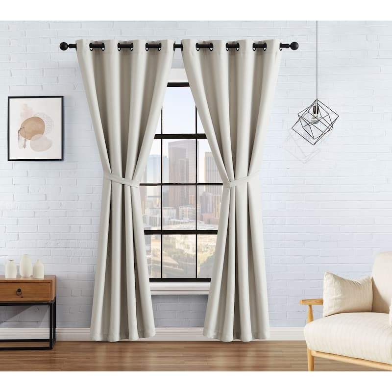 Lucky Brand Ember Thermal Woven Room Darkening Grommet Window Curtain Panel Pair with Tiebacks