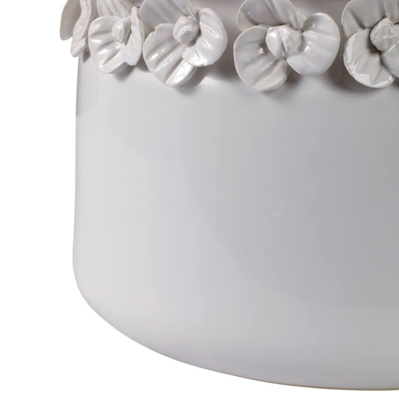 Ceramic Round Planter Sculpted Floral Rim Detail and Drainage Hole