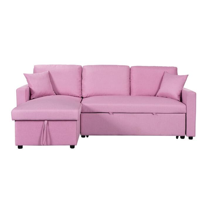 Paisley Linen Fabric Reversible Sleeper Sectional Sofa with Storage Chaise