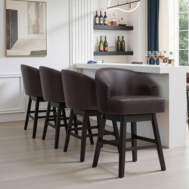 26.4"H Swivel Faux Leather Upholstered Solid Wood Counter Stools - Set of 4 - 26.6''-Coffee Cushion+Black Legs
