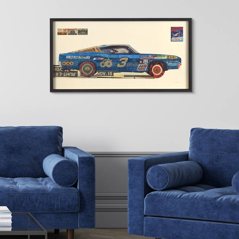 "Muscle Blue Car" Dimensional Collage Framed Graphic Glass Wall Art
